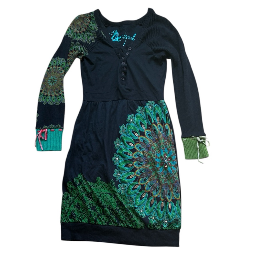 Desigual Women’s Grey Green Print Long Sleeve Cotton Dress Size Small